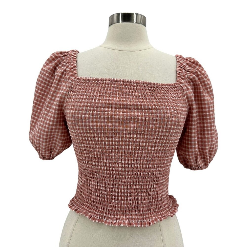 BB Dakota Womens Medium Top Cropped Puff Sleeve Checker Gingham Pink Smock